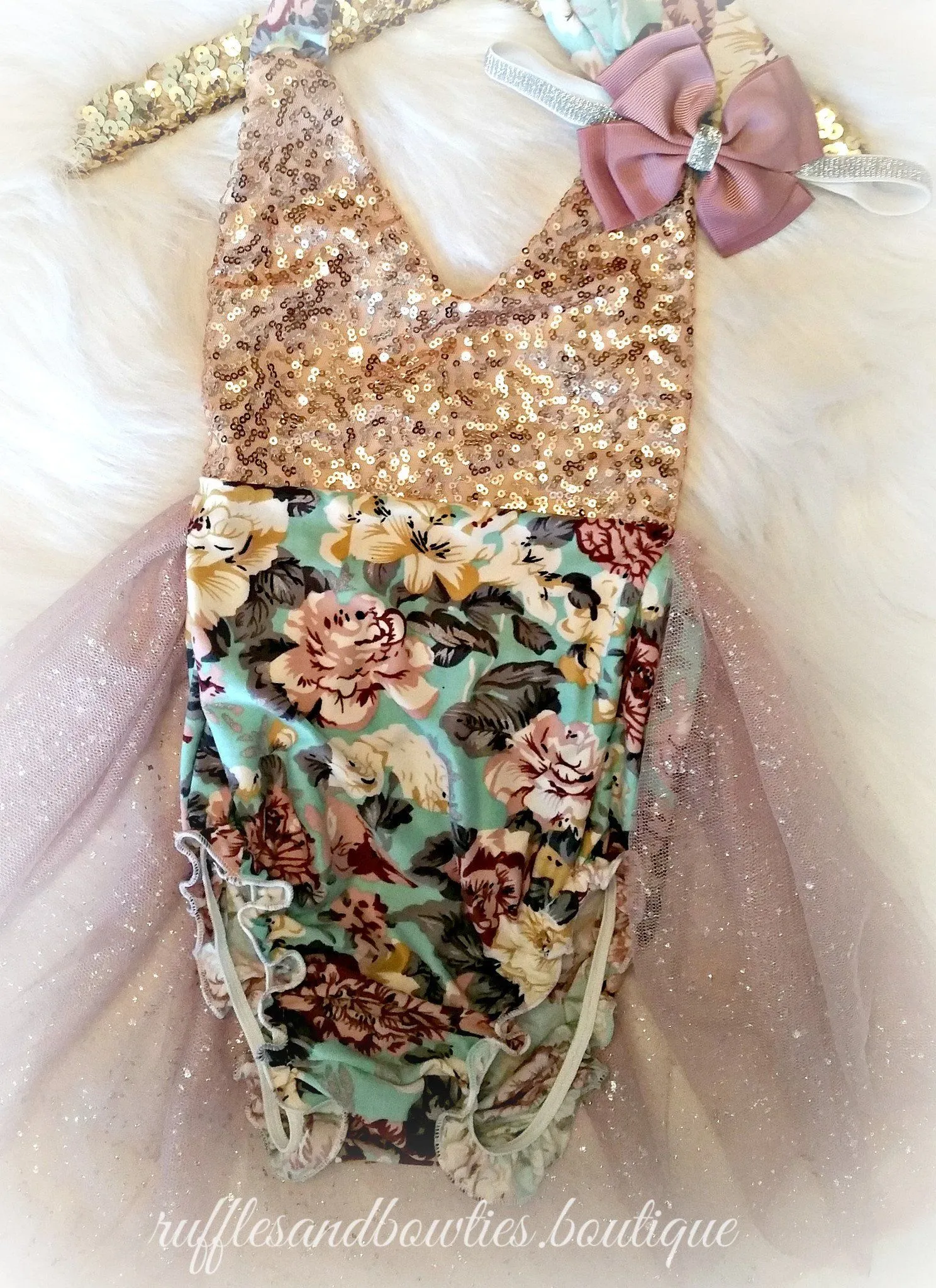 $17.50 EA - 6-12M X 2/ 12-24M X 2 -- Aqua, Dusty Mauve & Gold Sequin Floral Vintage Tutu Romper