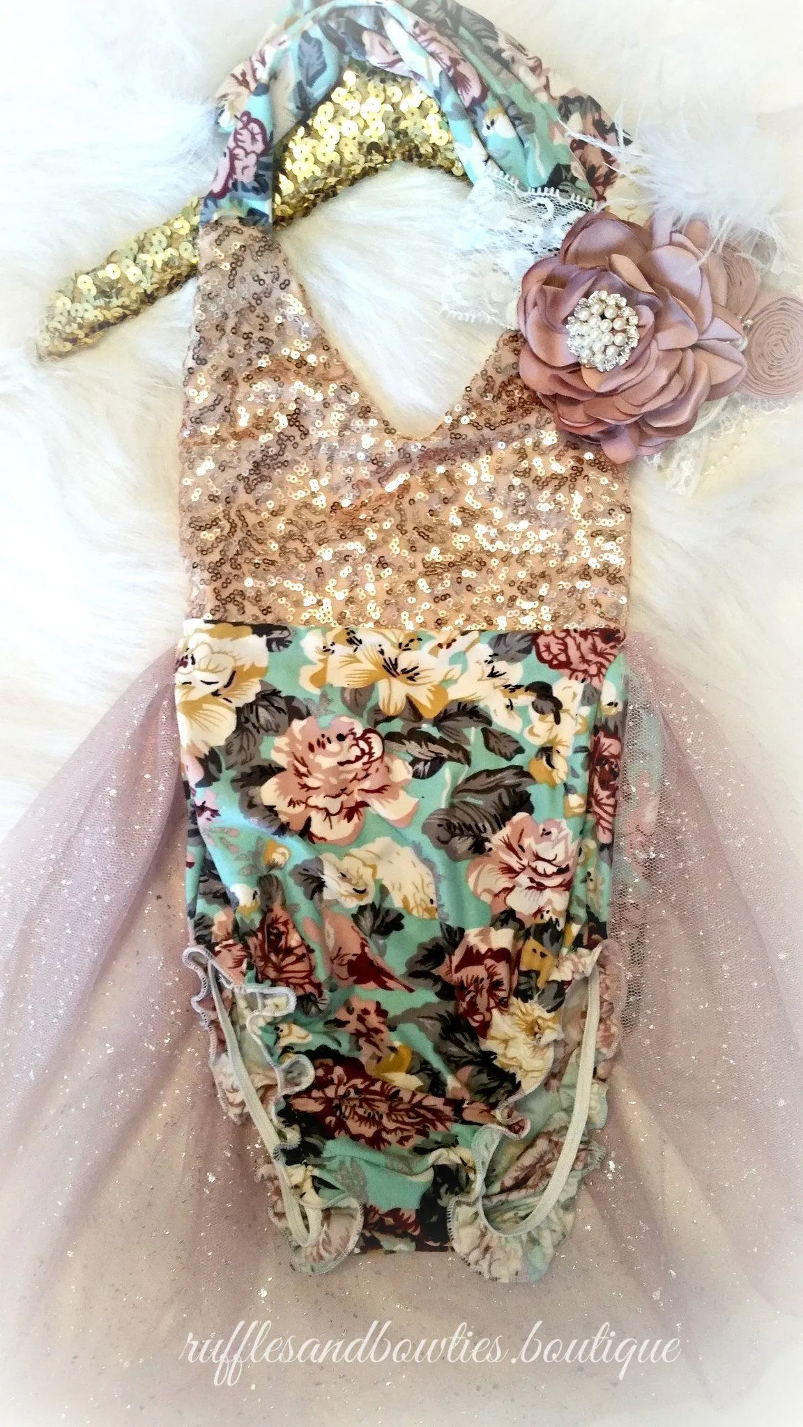 $17.50 EA - 6-12M X 2/ 12-24M X 2 -- Aqua, Dusty Mauve & Gold Sequin Floral Vintage Tutu Romper