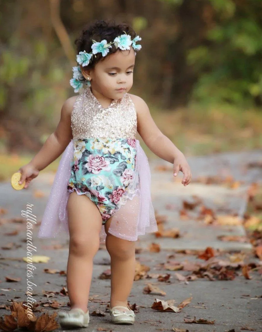 $17.50 EA - 6-12M X 2/ 12-24M X 2 -- Aqua, Dusty Mauve & Gold Sequin Floral Vintage Tutu Romper