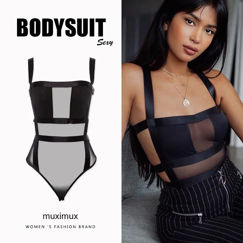 2021 Summer Mesh Bodysuit Autumn Casual Hollow Out Strap Bodycon Black Party Club Bodysuit Body Top