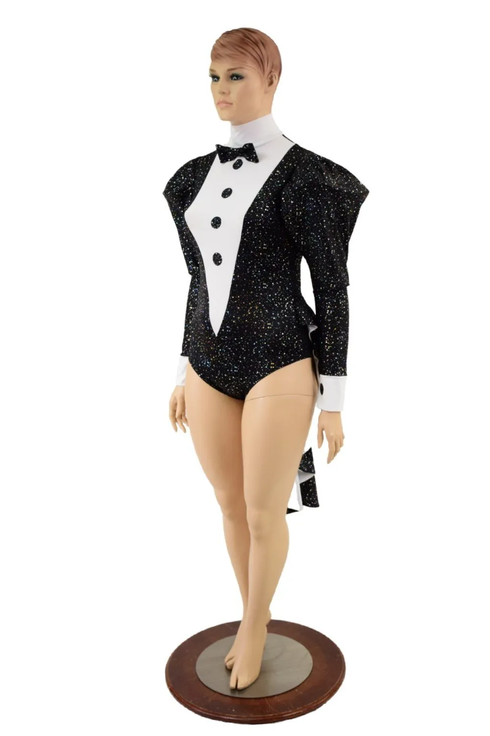 2PC Faux Tux Romper with Tails, Tie, and Turtleneck and Breakaway Skirt