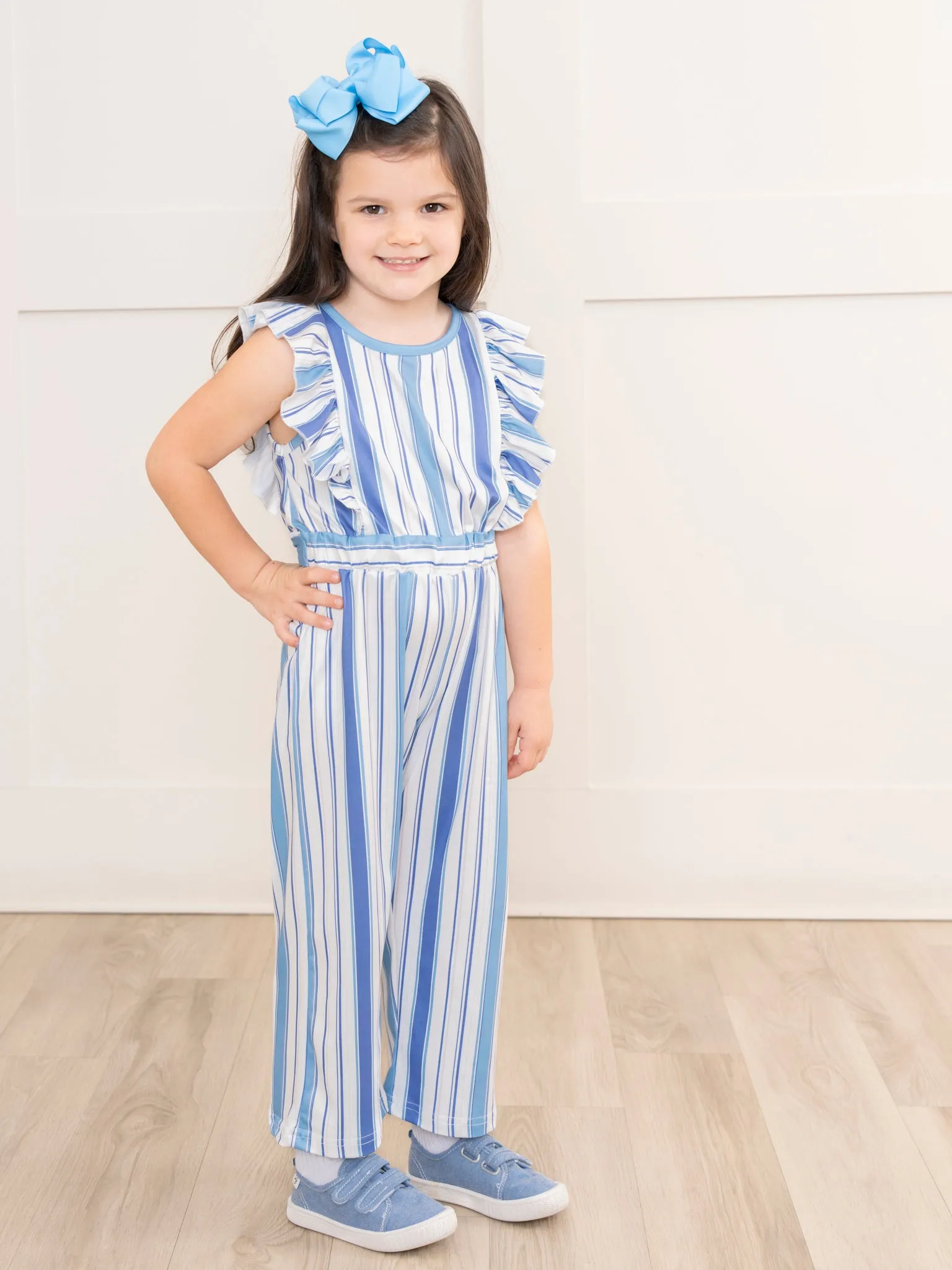 All The Blues Striped Ruffle Jumpsuit