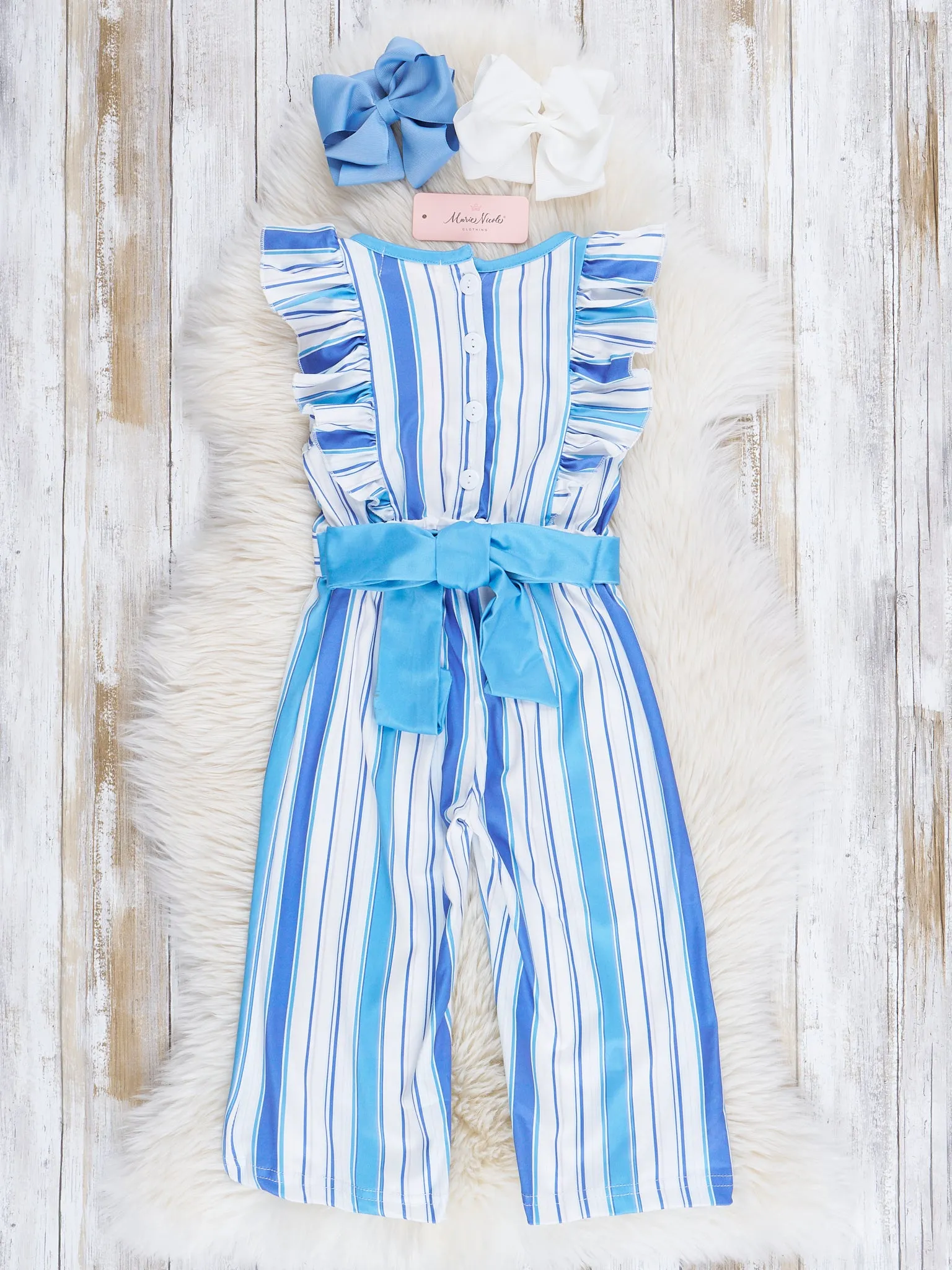 All The Blues Striped Ruffle Jumpsuit