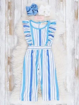 All The Blues Striped Ruffle Jumpsuit