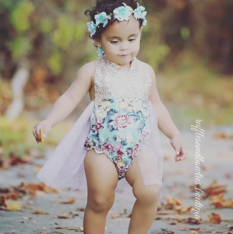 Aqua, Dusty Mauve & Gold Sequin Floral Vintage Tutu Romper