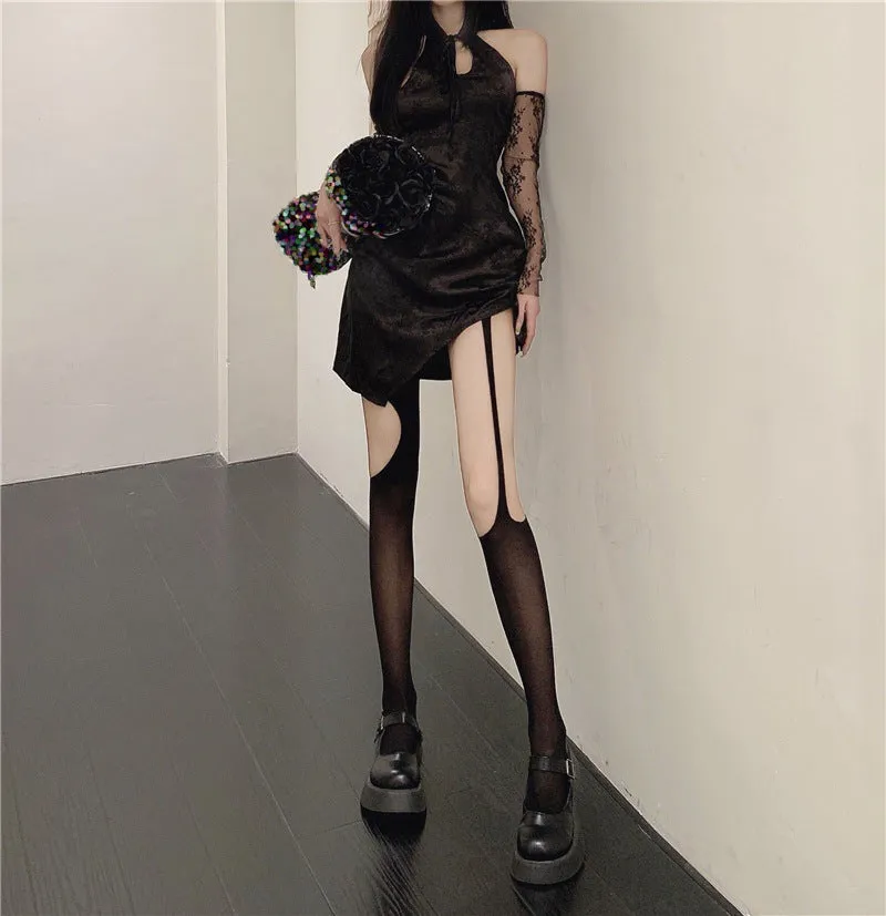 Asymmetric Sling Black Silk Socks Sexy Ripped Hollow-out