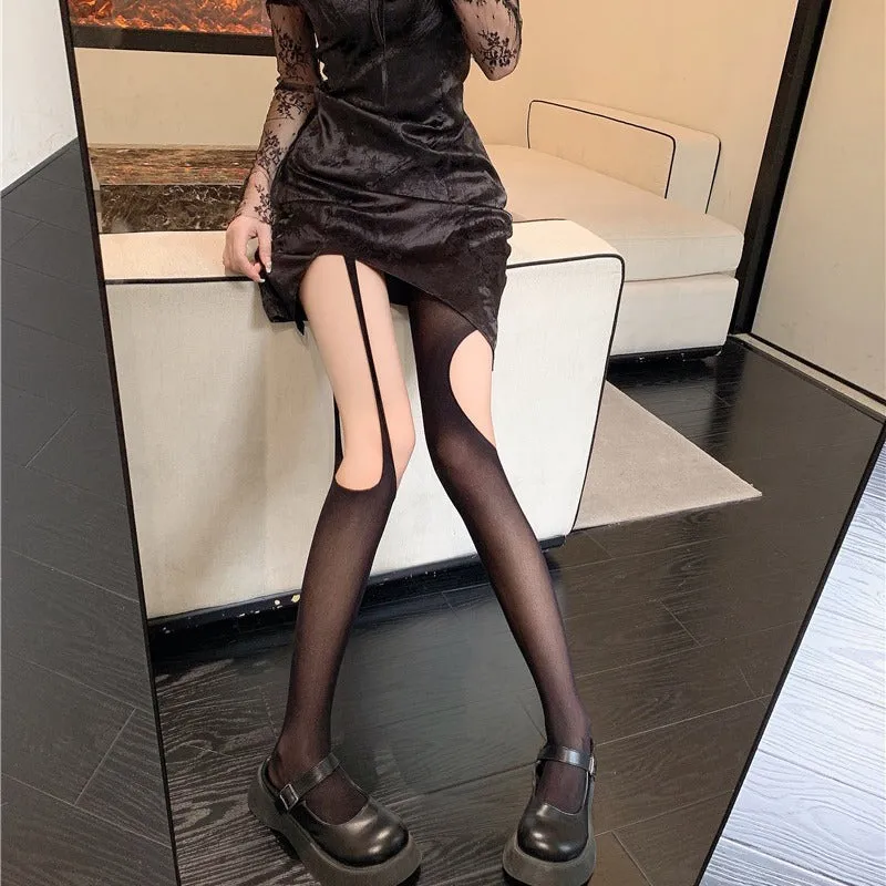 Asymmetric Sling Black Silk Socks Sexy Ripped Hollow-out