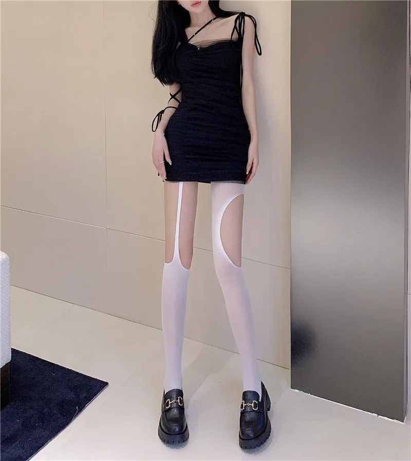 Asymmetric Sling Black Silk Socks Sexy Ripped Hollow-out