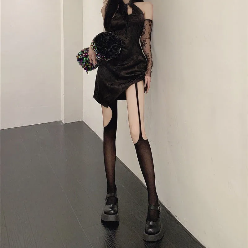 Asymmetric Sling Black Silk Socks Sexy Ripped Hollow-out