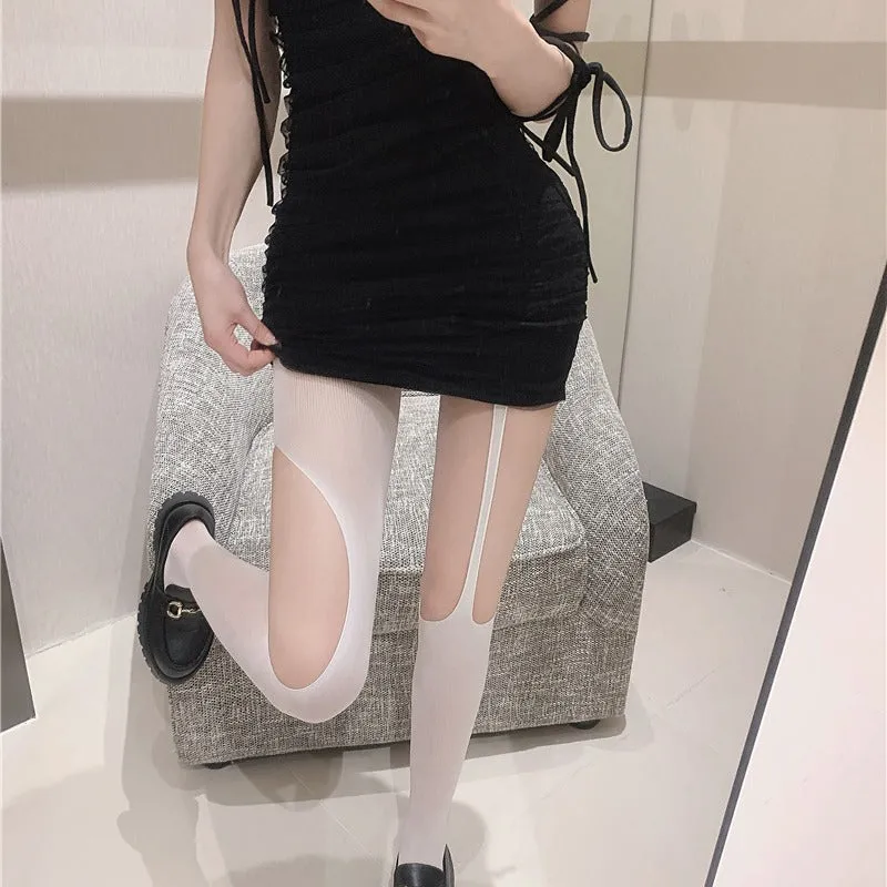 Asymmetric Sling Black Silk Socks Sexy Ripped Hollow-out