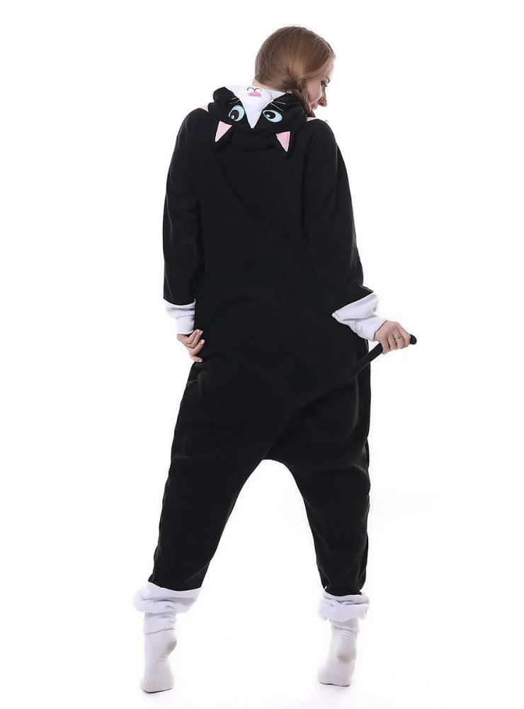 BLACK FLANNEL BLACK CAT ONESIE PAJAMA ANIMAL FOR WOMEN