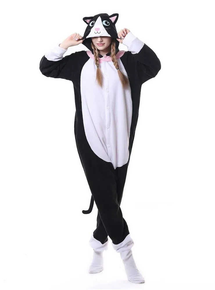 BLACK FLANNEL BLACK CAT ONESIE PAJAMA ANIMAL FOR WOMEN