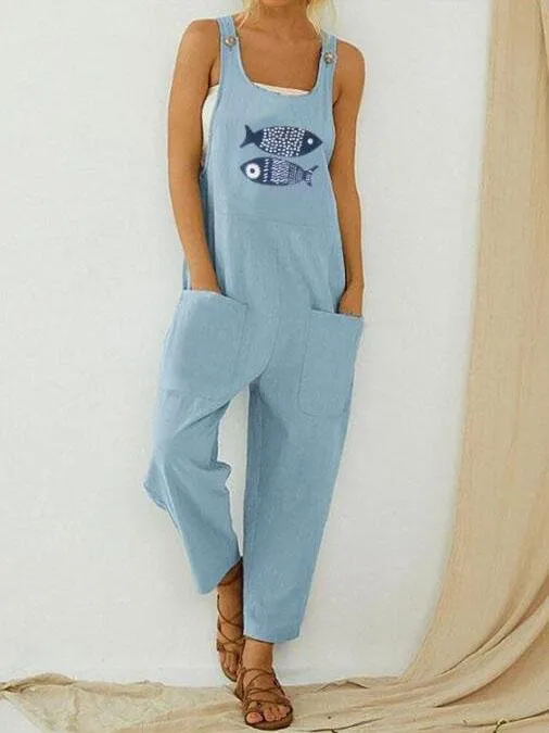 Casual Fish Print Patchwork Jumpsuit for Women