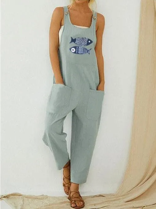 Casual Fish Print Patchwork Jumpsuit for Women