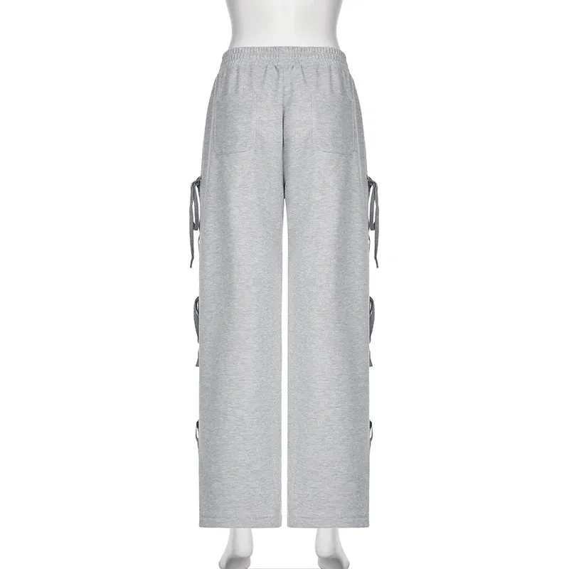 Casual Loose Grey Sweatpants Side Tie-Up Folds Sporty Chic Women Trousers Oversized Straight Leg Joggers Preppy Style