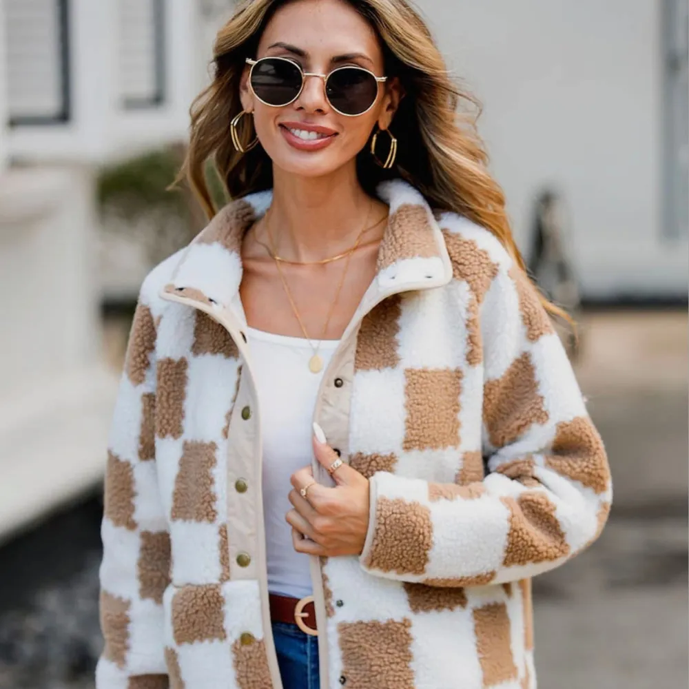 Checkered Snap Down Long Sleeve Teddy Jacket