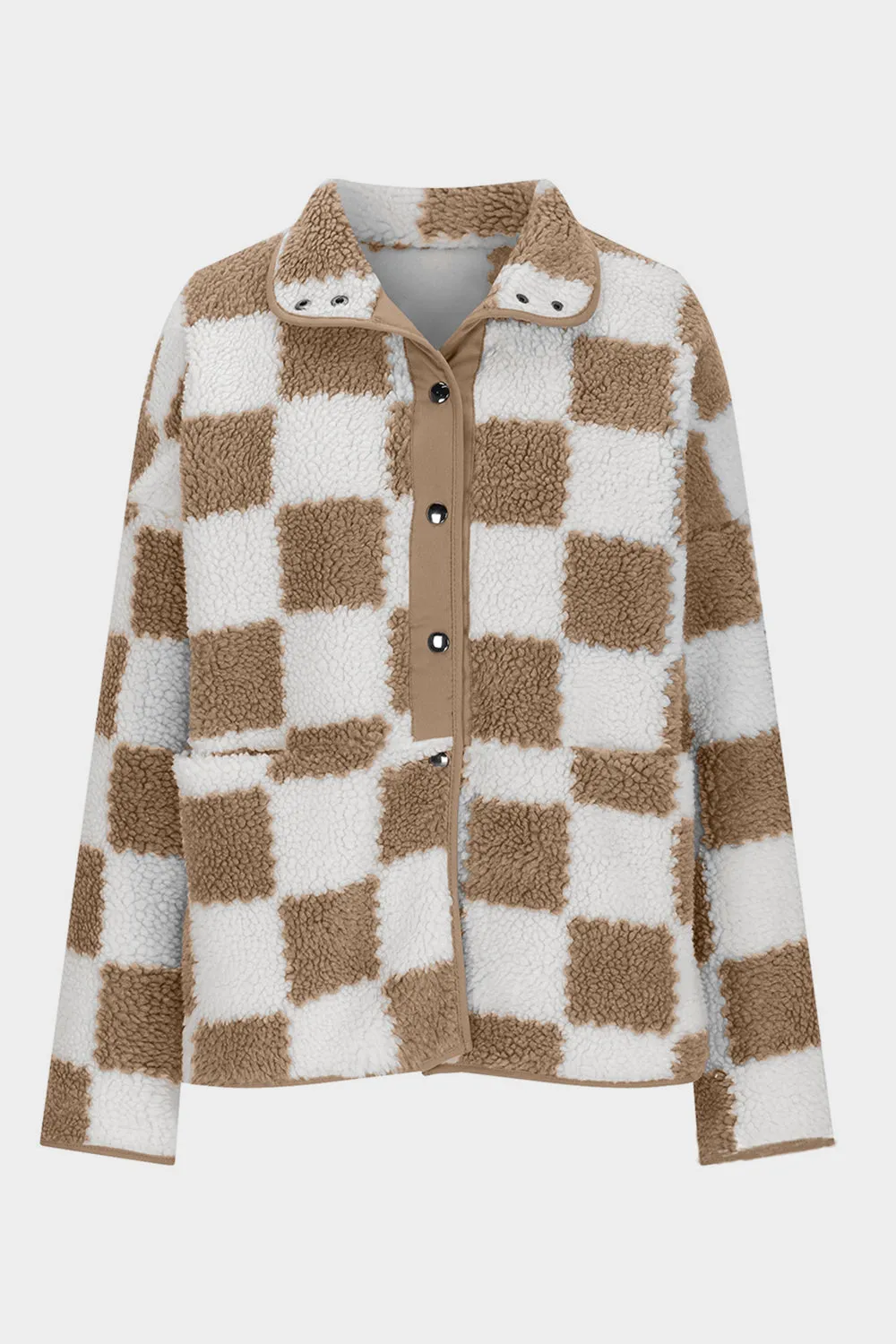 Checkered Snap Down Long Sleeve Teddy Jacket