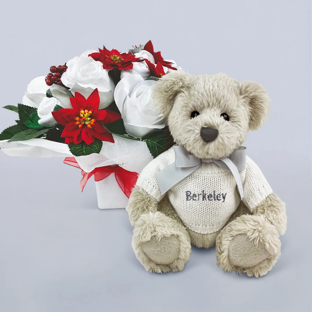 Christmas Luxury Rose Baby Clothes Bouquet with Personalised Berkeley Bear, Grey