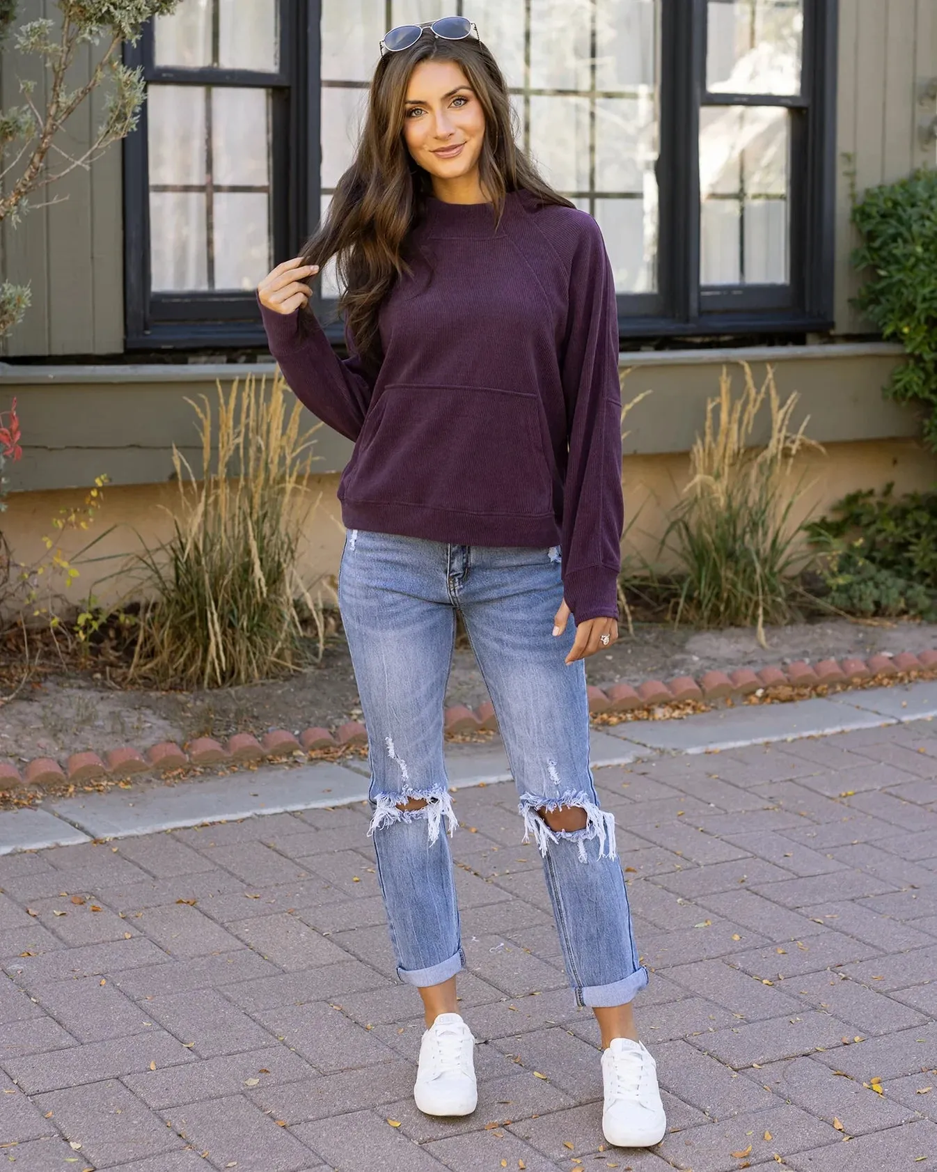 Corded Pullover Hoodie in Aubergine by Grace & Lace (Ships in 1-2 Weeks)