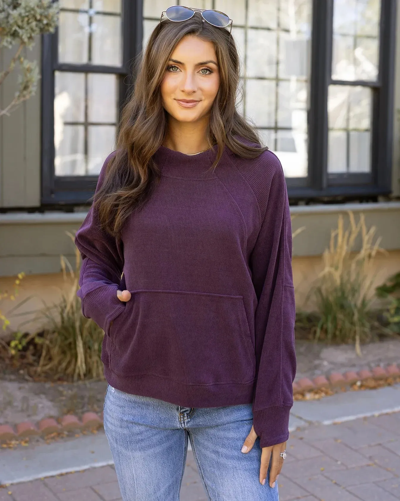 Corded Pullover Hoodie in Aubergine by Grace & Lace (Ships in 1-2 Weeks)