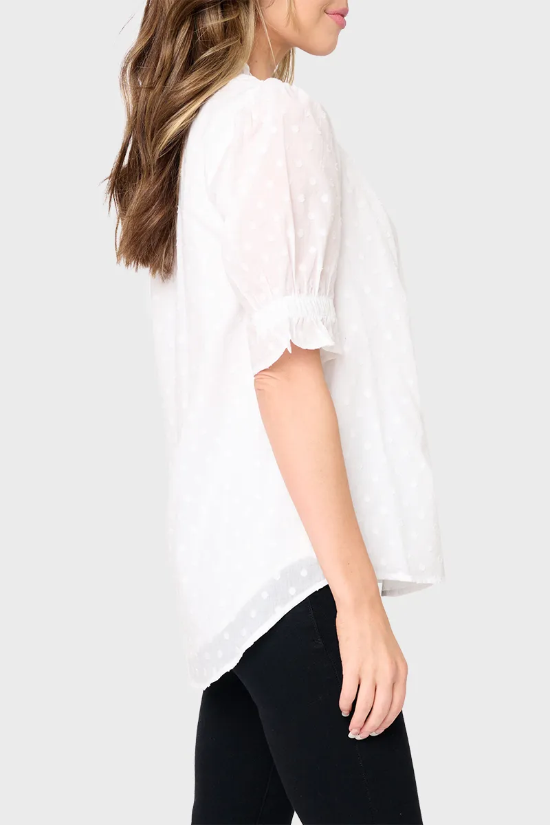 Dianthus Henley Puff Sleeve Sheer Dot Blouse