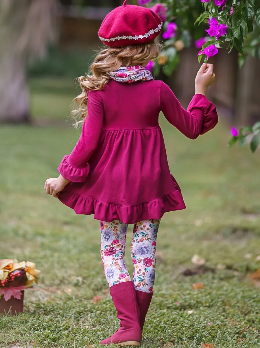 Fall-ishous Flowers Tunic, Leggings And Scarf Set