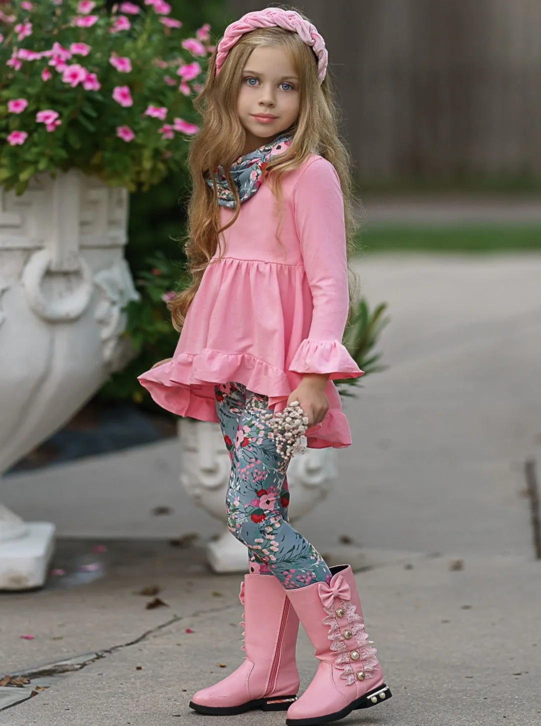 Flawless Hi-lo Ruffle Tunic, Floral Leggings And Scarf Set