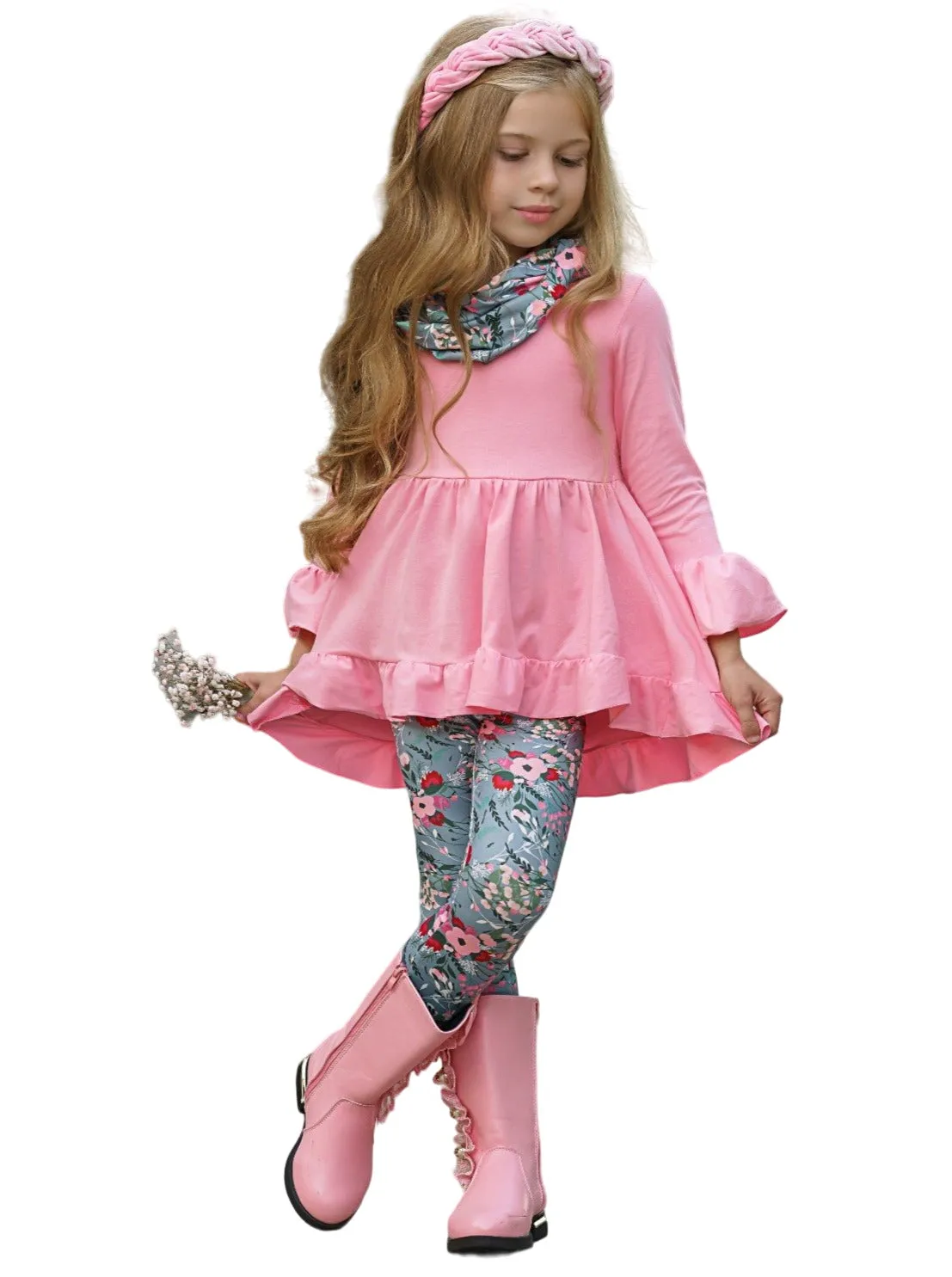 Flawless Hi-lo Ruffle Tunic, Floral Leggings And Scarf Set