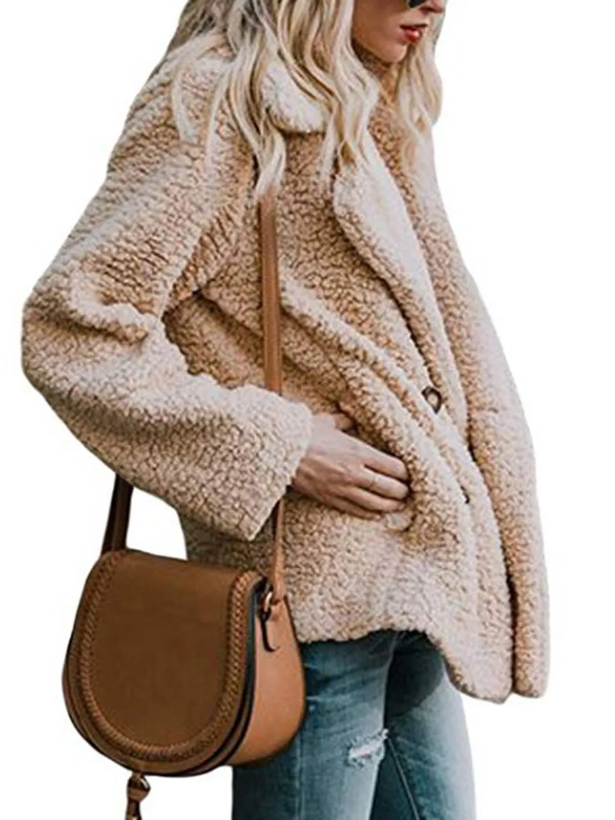 Fleece Fluffy Jacket Shawl Collar Long Sleeve Buttoned Solid Winter Teddy Bear Coat