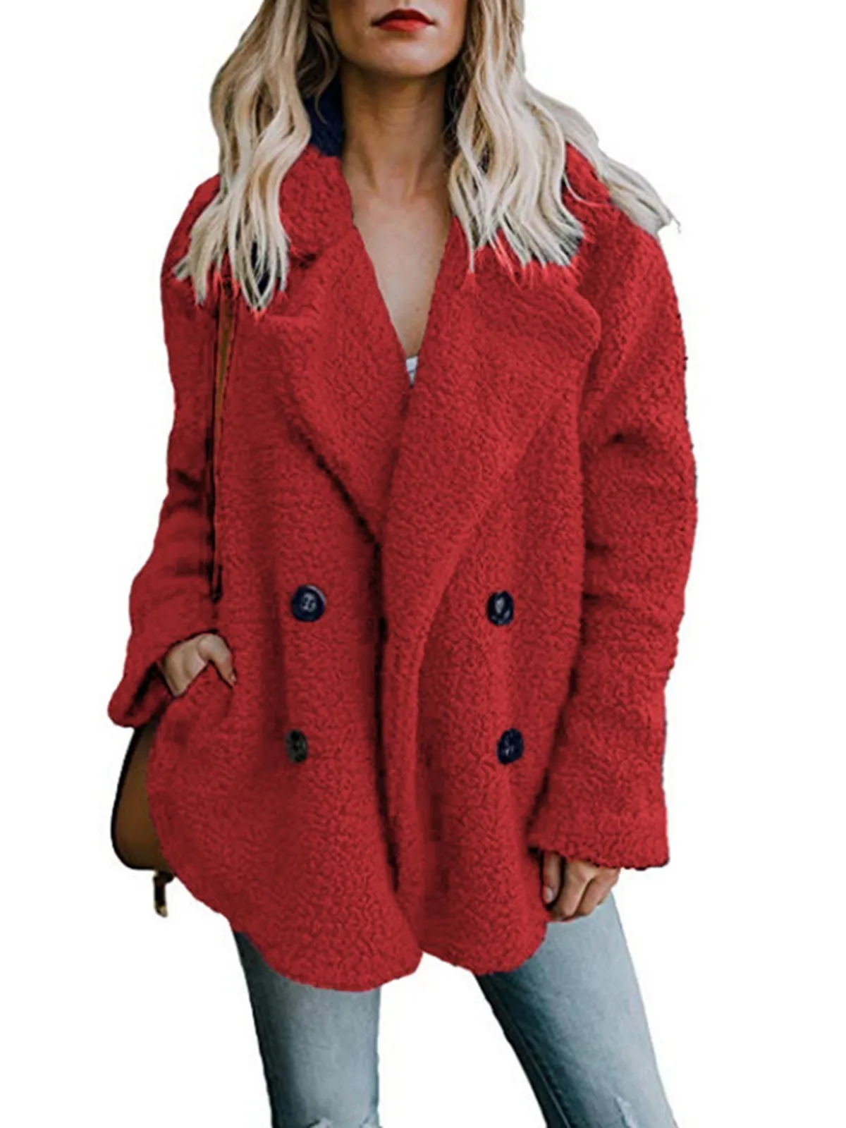 Fleece Fluffy Jacket Shawl Collar Long Sleeve Buttoned Solid Winter Teddy Bear Coat