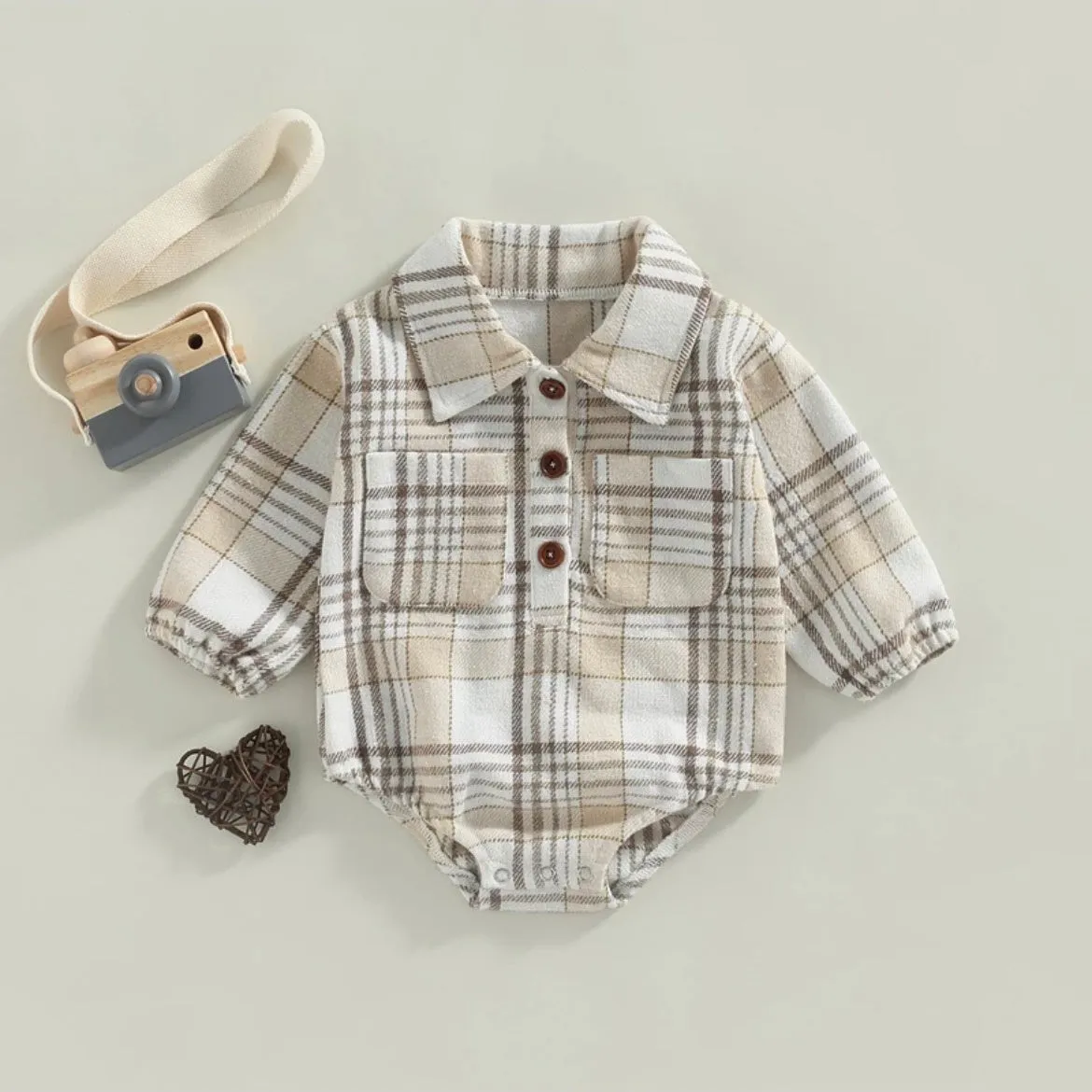 Kids Light Tan Plaid Romper