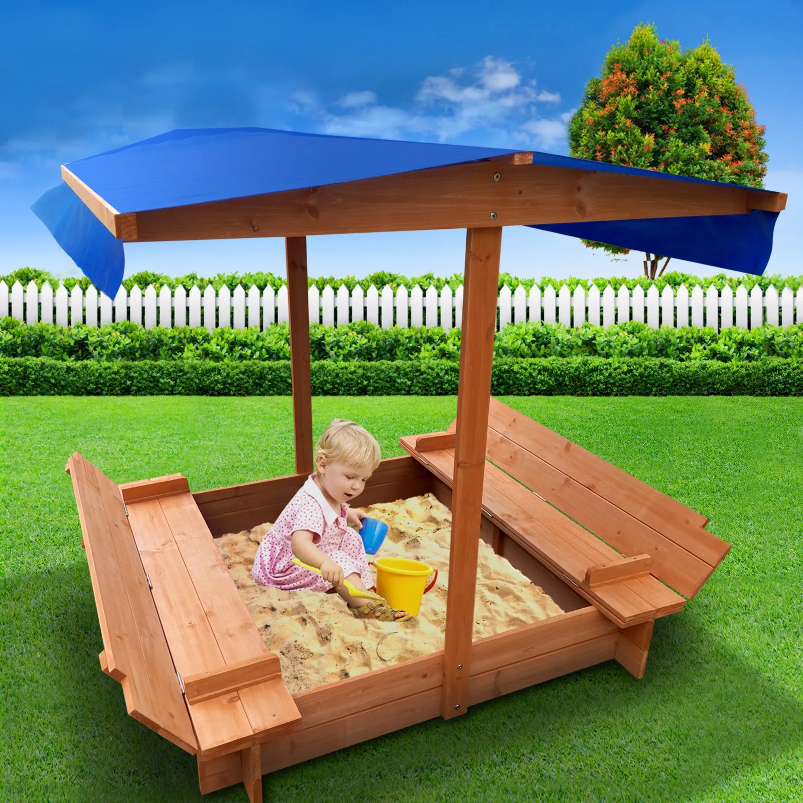 Kids Wooden Sandbox with Canopy and Cover, 120cm | Keezi