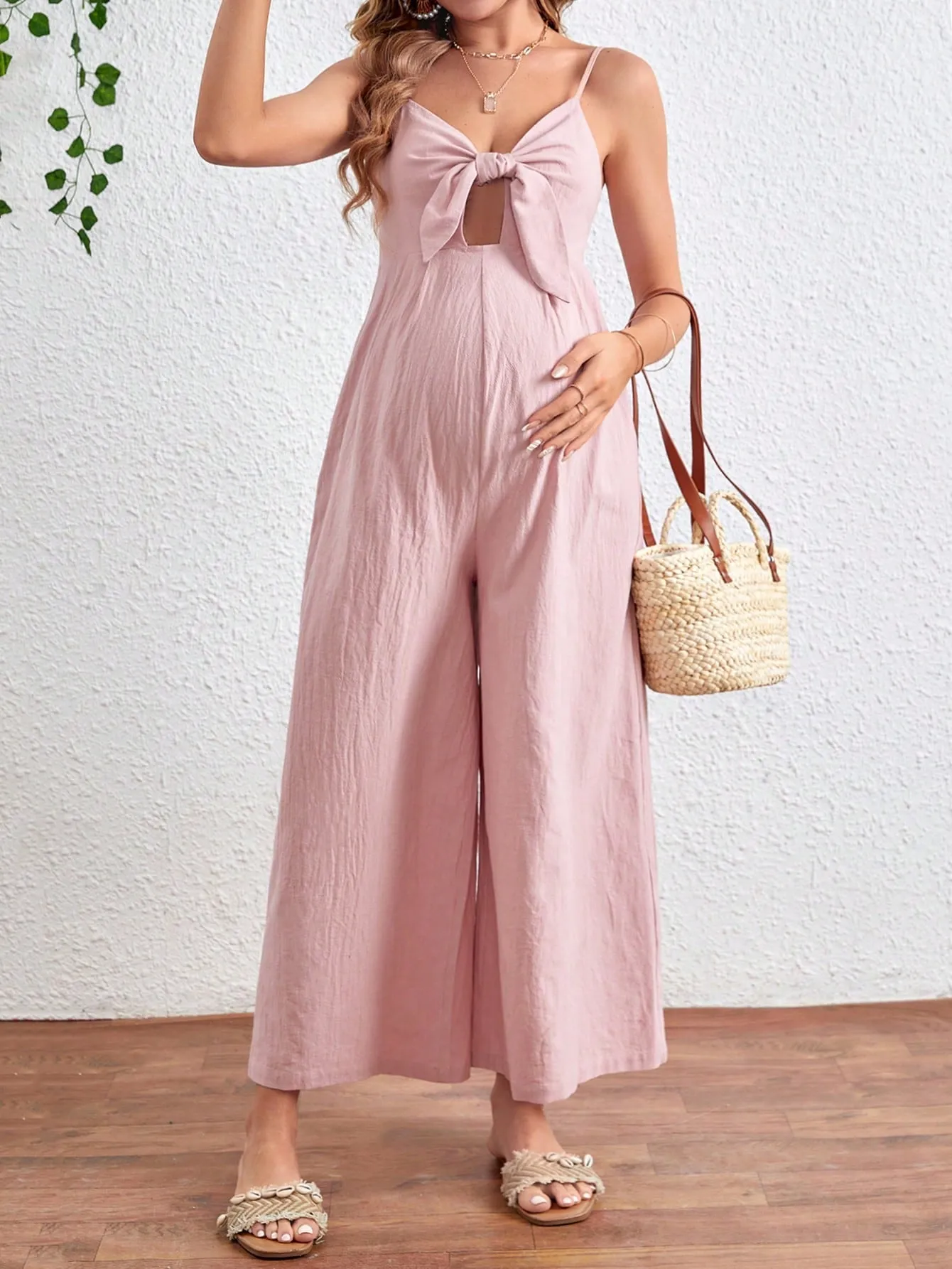 Maternity Knot Front Hollow Out Wide Leg Jumpsuit With Straps