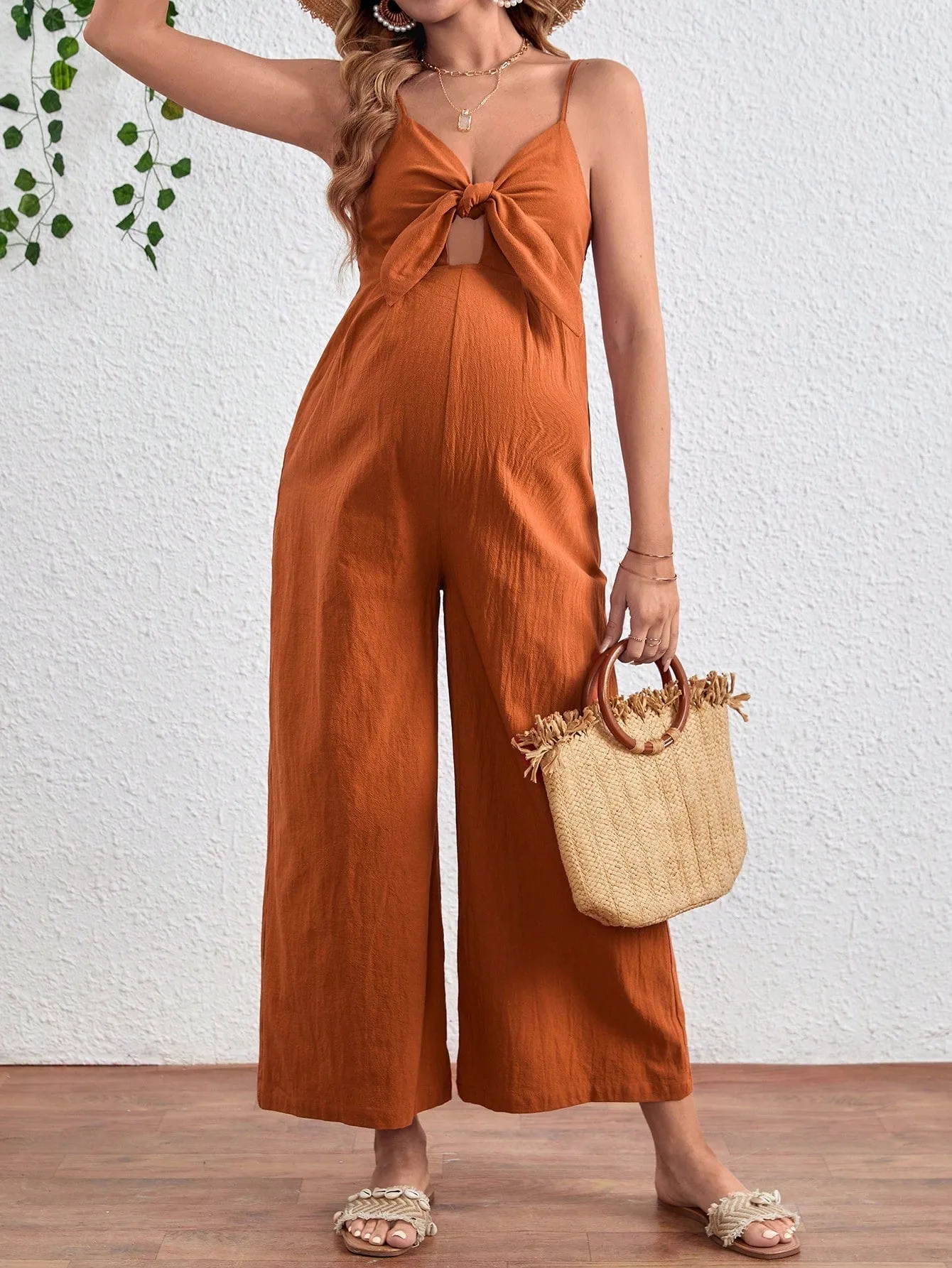 Maternity Knot Front Hollow Out Wide Leg Jumpsuit With Straps