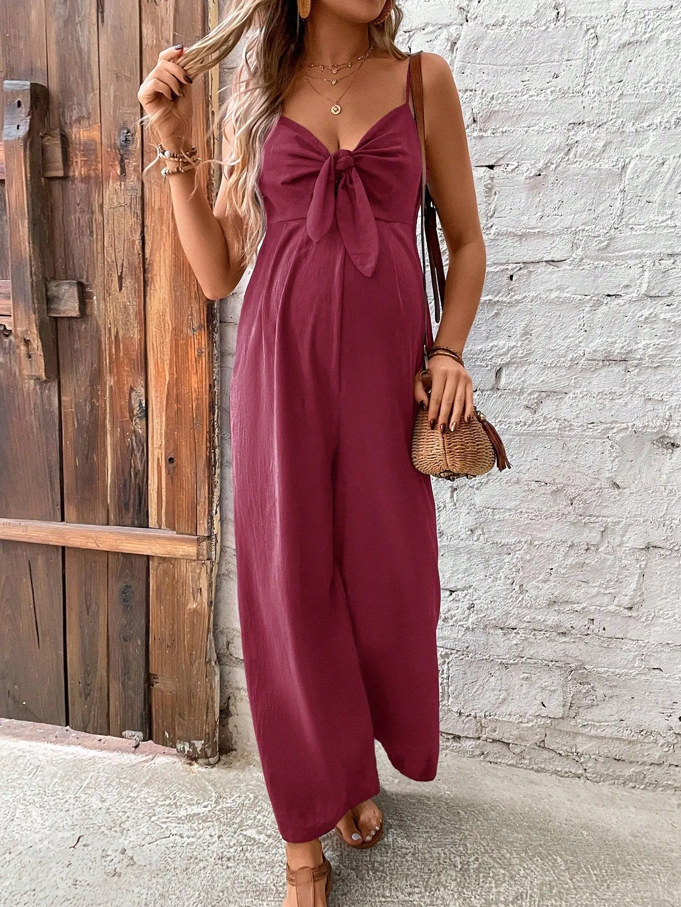 Maternity Knot Front Hollow Out Wide Leg Jumpsuit With Straps