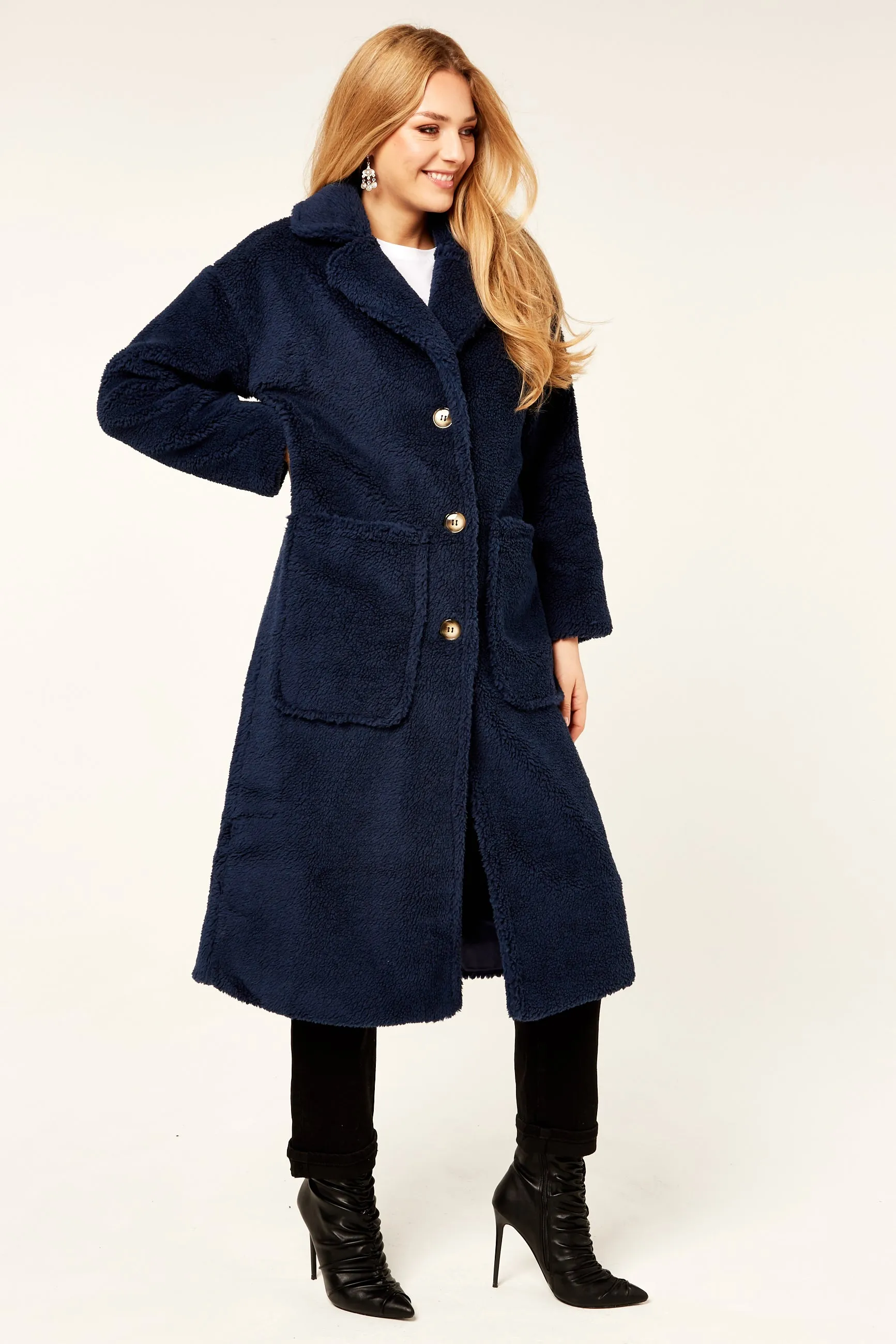 Navy Longline Teddy Coat