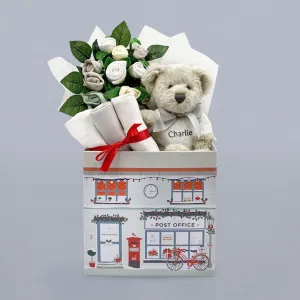 New Baby Christmas Welcome Hamper with Personalised Berkeley Bear, Grey