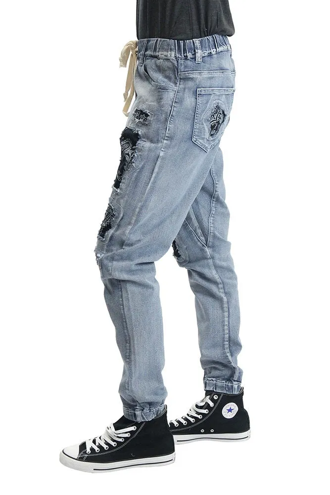 Paisley Distressed Denim Jogger Pants