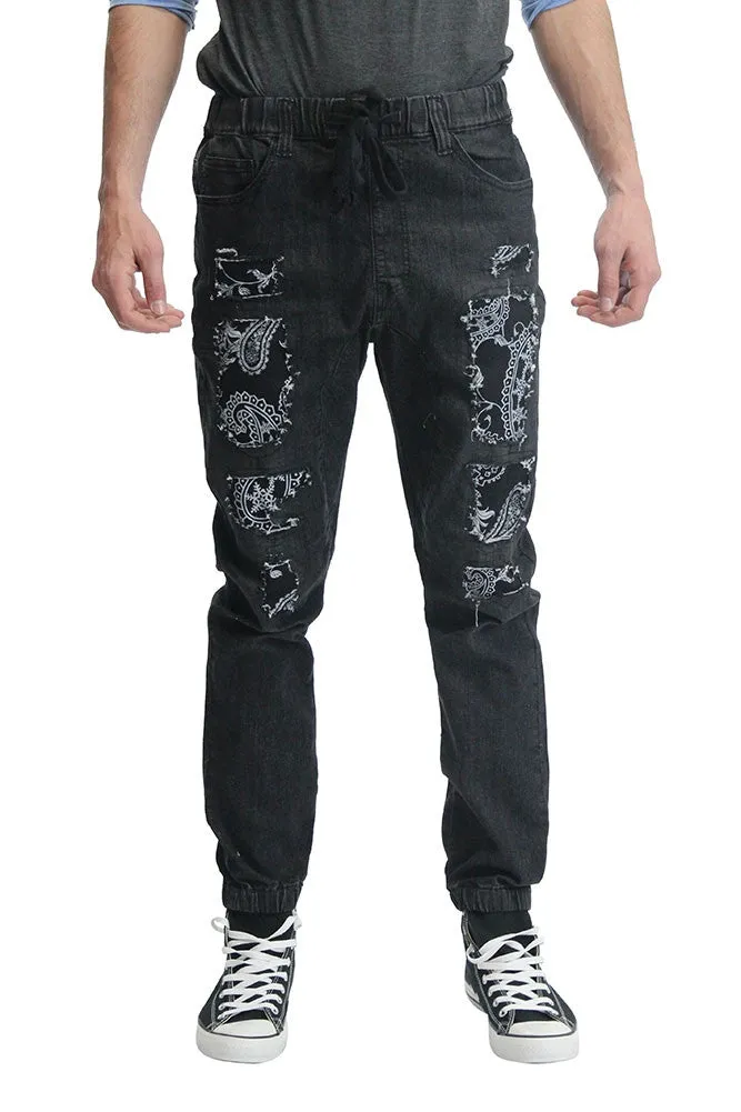 Paisley Distressed Denim Jogger Pants