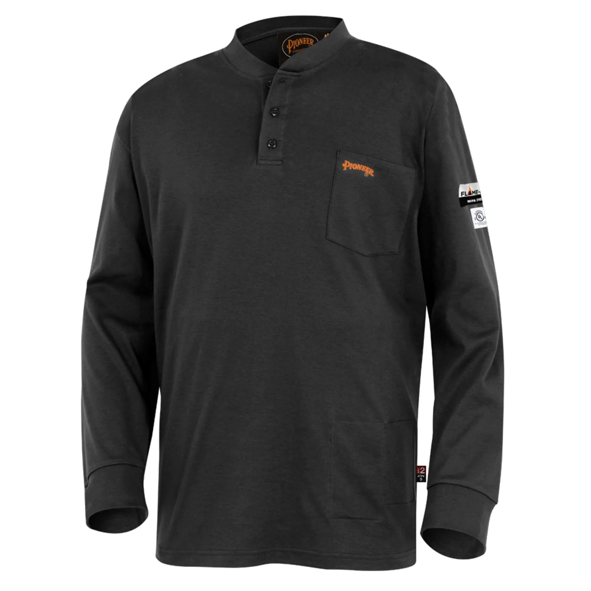 Pioneer Men's Flame Resistant Henley Work Shirt, 100% Cotton Flame-Gard® 7 oz HRC 2, Arc-Rated 12 cal/cm², Left Chest Pocket, FR Certified | Sizes S-5XL