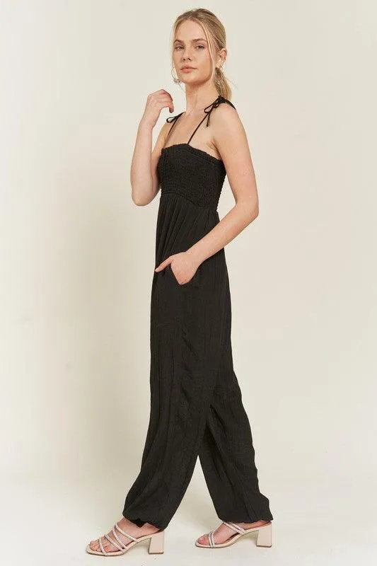 Plus Size Shoulder Tie Smocked Jumpsuit