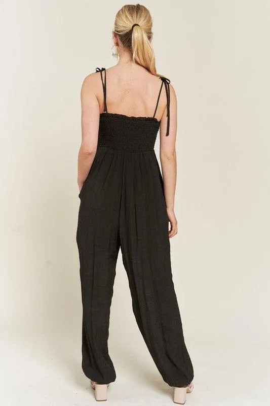 Plus Size Shoulder Tie Smocked Jumpsuit