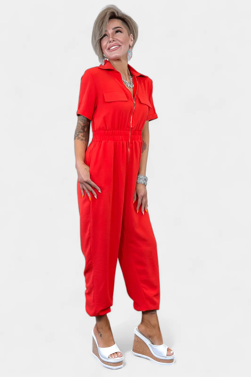 Red Front Zipper Jumpsuit