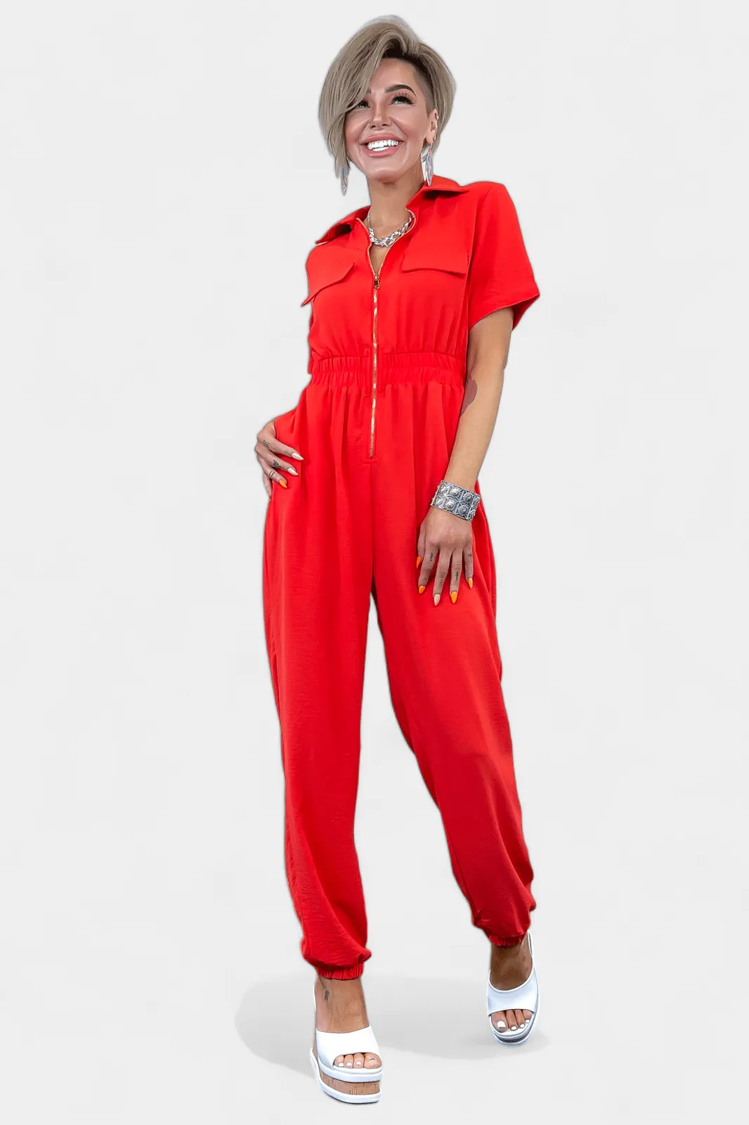 Red Front Zipper Jumpsuit