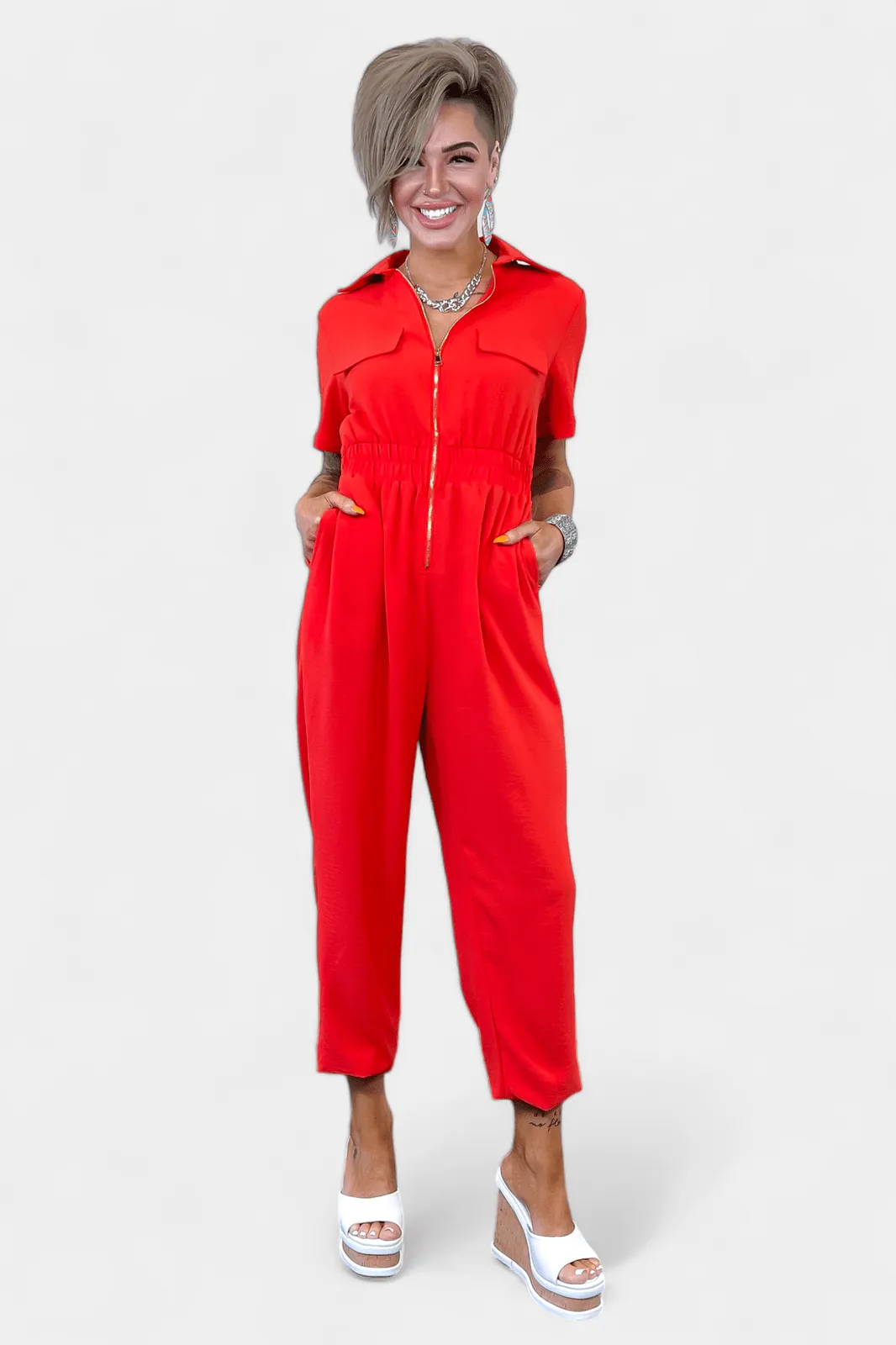 Red Front Zipper Jumpsuit