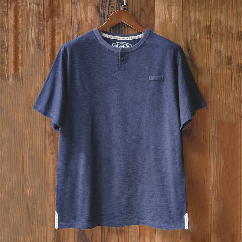 Retro Indigo Henley Cotton T-shirt