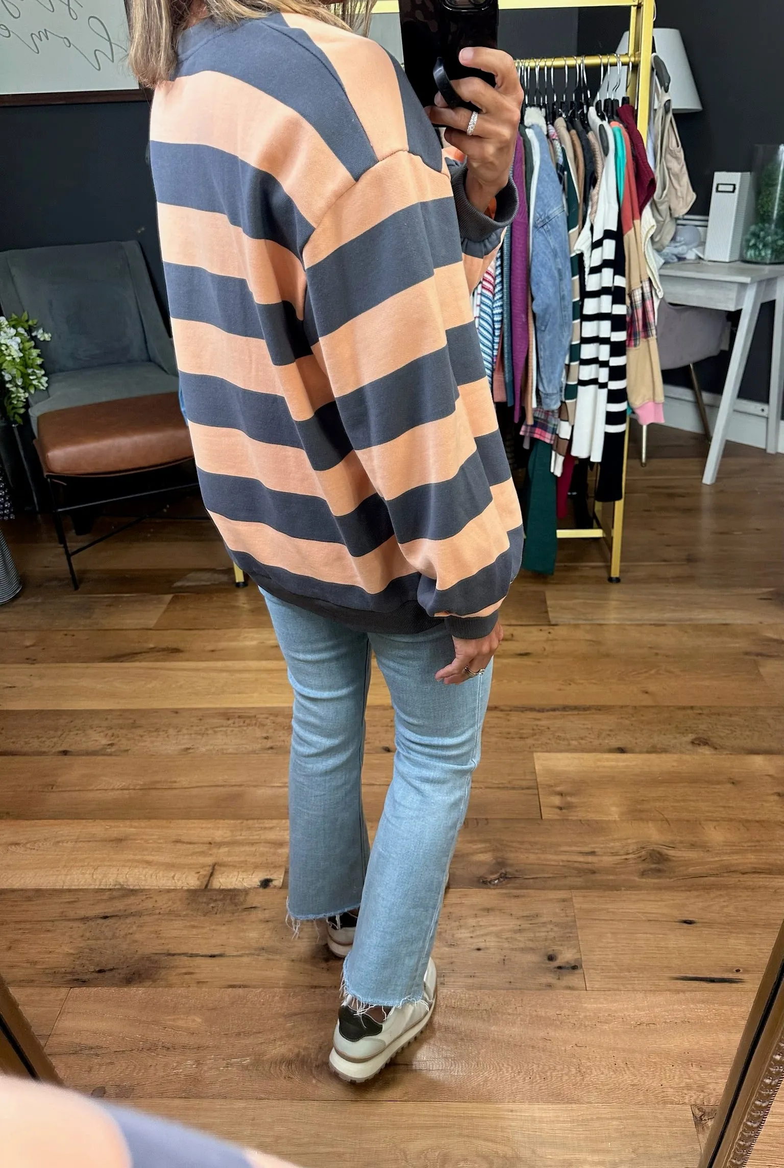 Right On Schedule Striped Crewneck - Peach/Grey