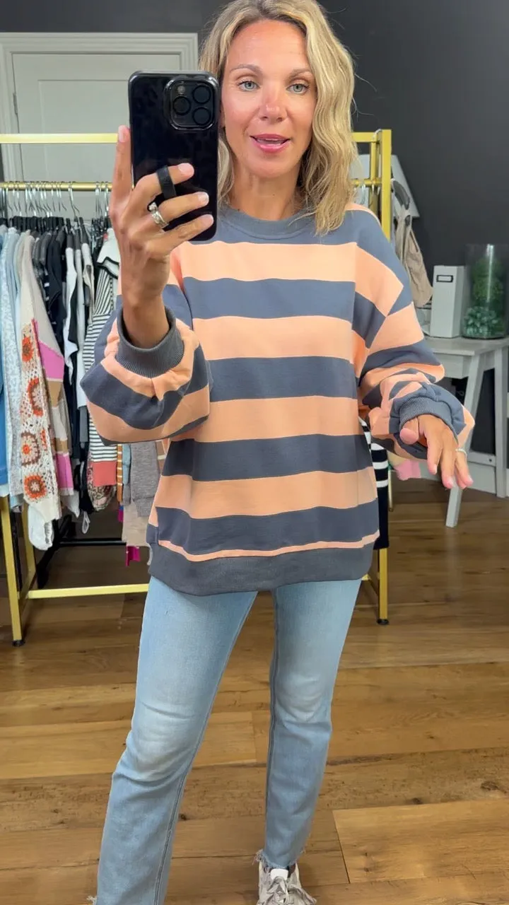 Right On Schedule Striped Crewneck - Peach/Grey