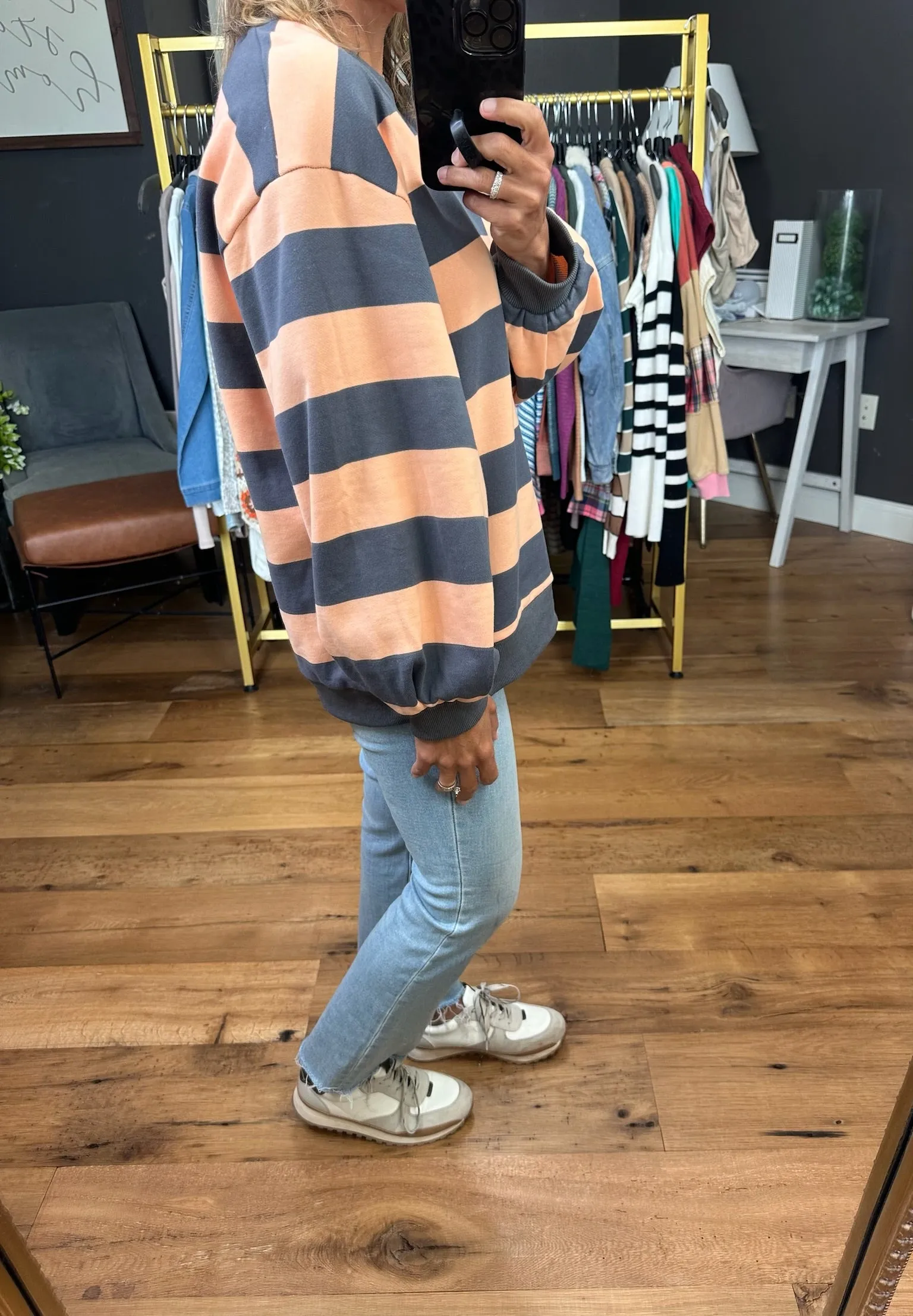 Right On Schedule Striped Crewneck - Peach/Grey