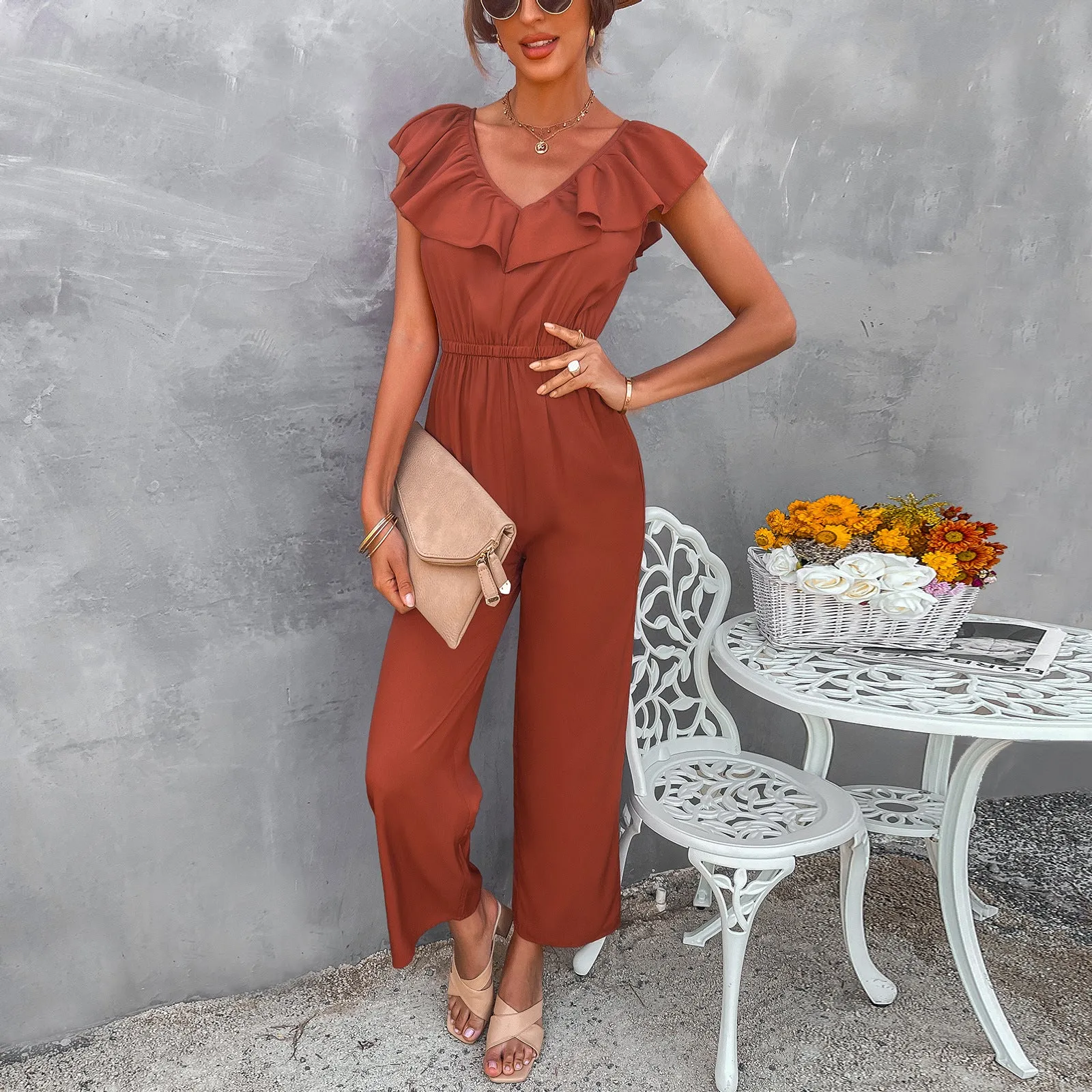 Ruffled V-Neck Jumpsuit - Fern and Oak